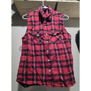 Forever 21 Red Plaid Pearl Snap Sleeveless Blouse Shirt Women's Medium